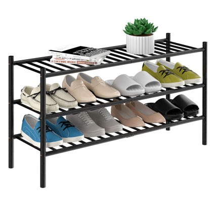 Picture of ROMGUAR CRAFT 3-Tier Bamboo Long Shoe Rack, Free Standing Wood Shoe Shelf Storage Organizer for Closet Entryway Stackable 35"x11"x20" (Black)