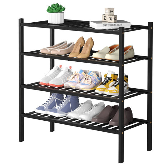 Picture of ROMGUAR CRAFT 4 Tier Bamboo Shoe Rack for Closet Free Standing Wood Shoe Shelf for Entryway Small Space Stackable 27"x11"x26" (Black)