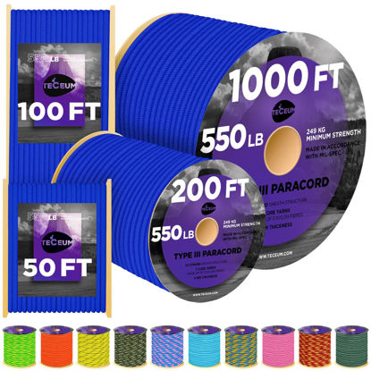 Picture of TECEUM Paracord Type III 550 Simple Blue - 50 ft - 4mm - Tactical Rope MIL-SPEC - Outdoor para Cord -Camping Hiking Fishing Gear and Equipment - EDC Parachute Cord - Strong Survival Rope 001b