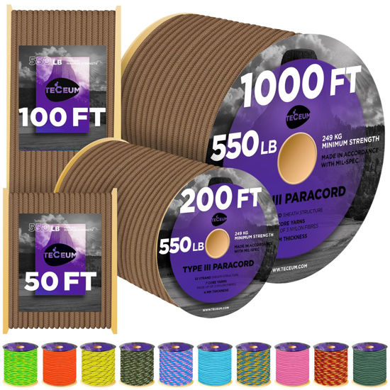 Picture of TECEUM Paracord Type III 550 Grizzly Brown - 50 ft - 4mm - Tactical Rope MIL-SPEC - Outdoor para Cord -Camping Hiking Fishing Gear and Equipment - EDC Parachute Cord - Strong Survival Rope N-16b