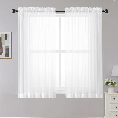 Picture of OWENIE White Sheer Curtains, 45 inches Long, 2 Panels, Rod Pocket, Light Filtering, Cafe Curtains for Kitchen, Bedroom, Small Window, 42W x 45L, 100% Polyester