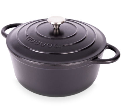 Picture of Cast Iron Dutch Oven with Lid - Non-Stick Ovenproof Enamelled Casserole Pot, Oven Safe up to 500° F - Sturdy Dutch Oven Cookware - Black, 6.4-Quart, 28cm - by Nuovva