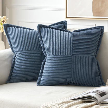 Picture of MIULEE Blue Corduroy Pillow Covers 20x20 inch with Splicing Set of 2 Super Soft Boho Striped Pillow Covers Broadside Decorative Spring Textured Throw Pillows for Couch Cushion Bed Livingroom