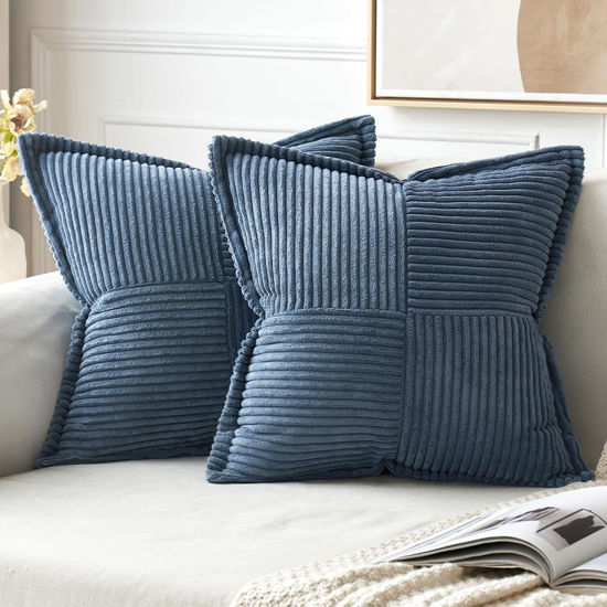 Picture of MIULEE Blue Corduroy Pillow Covers 20x20 inch with Splicing Set of 2 Super Soft Boho Striped Pillow Covers Broadside Decorative Spring Textured Throw Pillows for Couch Cushion Bed Livingroom