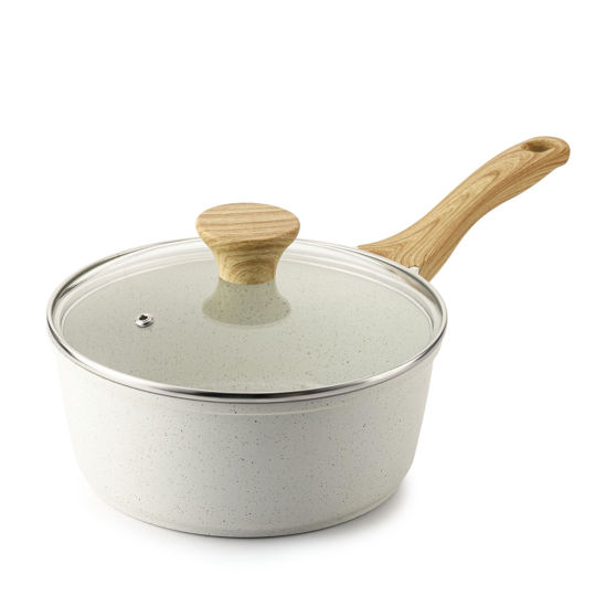 Picture of SENSARTE White Ceramic Nonstick Saucepan with Lid 2.5 Quarts, Medium Cooking Pot with Stay Cool Handle, Induction Compatible Saucepot, White Granite Coating, PFOA/PFAS Free
