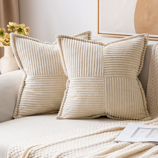 Picture of MIULEE Corduroy Pillow Covers with Splicing Set of 2 Super Soft Boho Striped Pillow Covers Broadside Decorative Spring Throw Pillows for Couch Cushion Livingroom 24x24 inch, Beige