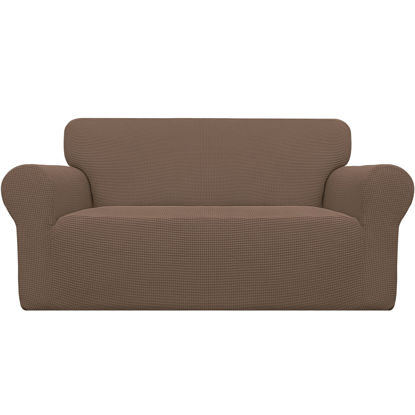Picture of Easy-Going Stretch Loveseat Slipcover 1-Piece Sofa Cover Furniture Protector Couch Soft with Elastic Bottom for Kids Polyester Spandex Jacquard Fabric Small Checks (Loveseat, Brown)