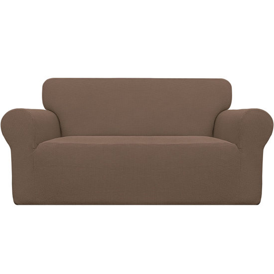 Picture of Easy-Going Stretch Loveseat Slipcover 1-Piece Sofa Cover Furniture Protector Couch Soft with Elastic Bottom for Kids Polyester Spandex Jacquard Fabric Small Checks (Loveseat, Brown)
