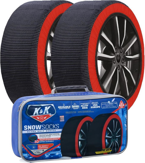 Picture of K&K Automotive Snow Socks for Tires - Pro Series for Ultimate Grip Alternative for Tire Snow Chain - Snow Traction Device for Passenger Cars SUVs Trucks Winter Emergency Accessory (Large)