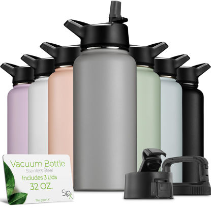 Picture of SipX™ Triple-Insulated Stainless Steel Water Bottle 32oz. With 3 Lids, BPA-Free Reusable Insulated Water Bottle Keeps Cold 24 Hours, Metal Water Bottle Made Of Sustainable Material For Hiking & Biking