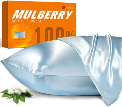 Picture of 100% Mulberry Silk Pillowcase for Hair and Skin, 22 Momme Natural Silk Pillow Case with Zipper, Both Sided Pure Silk Pillow Cover for Women Mom Men (Light Blue, Queen 20''×30'')