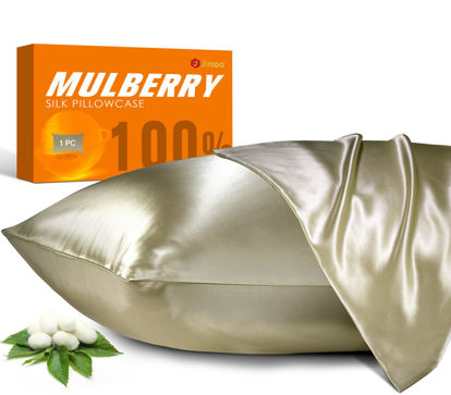 Picture of 100% Mulberry Silk Pillowcase for Hair and Skin, 22 Momme Natural Silk Pillow Case with Zipper, Both Sided Pure Silk Pillow Cover for Women Mom Men (Champagne, Queen 20''×30'')