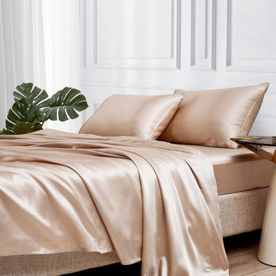 Picture of MR&HM Satin Bed Sheets, Queen Size Sheets Set, 4 Pcs Silky Bedding Set with 15 Inches Deep Pocket for Mattress (Queen, Champagne)
