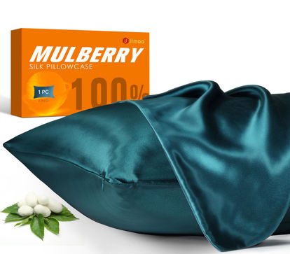Picture of 100% Mulberry Silk Pillowcase for Hair and Skin, 22 Momme Natural Silk Pillow Case with Zipper, Both Sided Pure Silk Pillow Cover for Women Mom Men (Fog Blue, King 20''×36'')