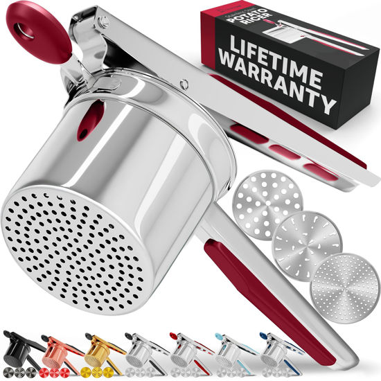Picture of PriorityChef Large 15oz Potato Ricer With 3 Discs, Heavy Duty Stainless Steel Potato Ricer for Mashed Potatoes, Potato Masher, Press and Ricer Kitchen Tool, Red