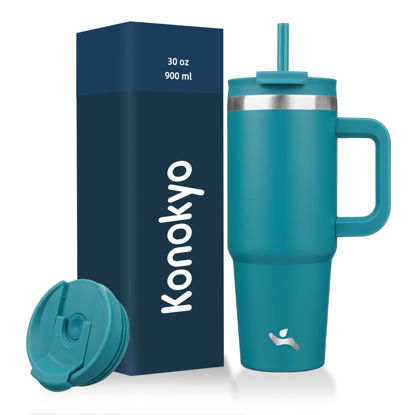 Picture of Konokyo 30 oz Tumbler with Handle and 2 Straws,2 in 1 Lid Insulated Water Bottle Stainless Steel Travel Coffee Mug,Blue