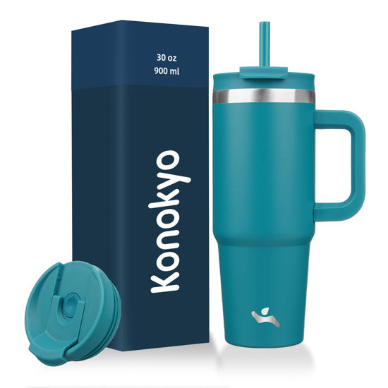 Picture of Konokyo 30 oz Tumbler with Handle and 2 Straws,2 in 1 Lid Insulated Water Bottle Stainless Steel Travel Coffee Mug,Blue
