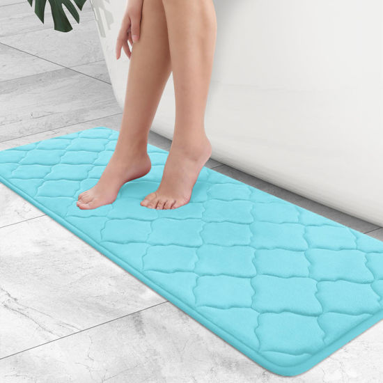 Picture of OLANLY Memory Foam Bath Mat Rug 47x17, Ultra Soft Non Slip and Absorbent Bathroom Rug, Machine Wash Dry, Comfortable, Thick Bath Rug Carpet for Bathroom Floor, Tub and Shower, Sky Blue