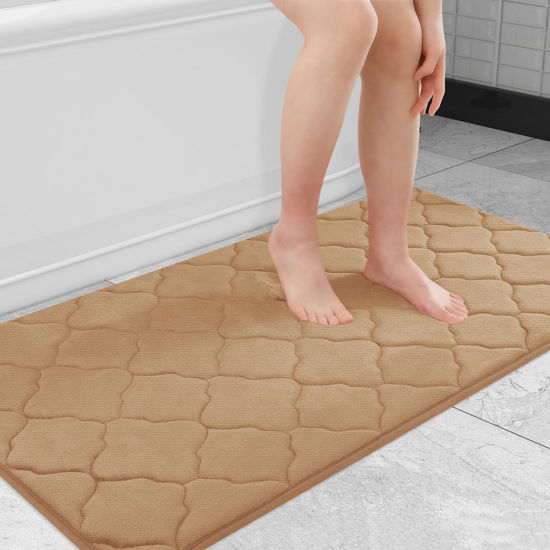 Picture of OLANLY Memory Foam Bath Mat Rug 47x24, Ultra Soft Non Slip and Absorbent Bathroom Rug, Machine Wash Dry, Comfortable, Thick Bath Rug Carpet for Bathroom Floor, Tub and Shower, Dark Beige