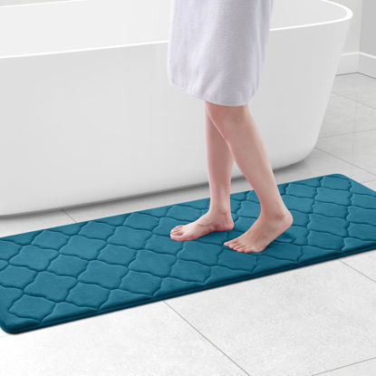 Picture of OLANLY Memory Foam Bath Mat Rug 59x20, Ultra Soft Non Slip and Absorbent Bathroom Rug, Machine Wash Dry, Comfortable, Thick Bath Rug Carpet for Bathroom Floor, Tub and Shower, Peacock Blue