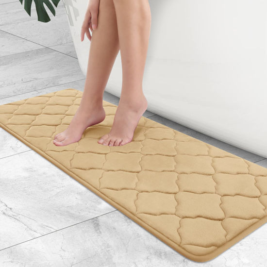 Picture of OLANLY Memory Foam Bath Mat Rug 47x17, Ultra Soft Non Slip and Absorbent Bathroom Rug, Machine Wash Dry, Comfortable, Thick Bath Rug Carpet for Bathroom Floor, Tub and Shower, Beige