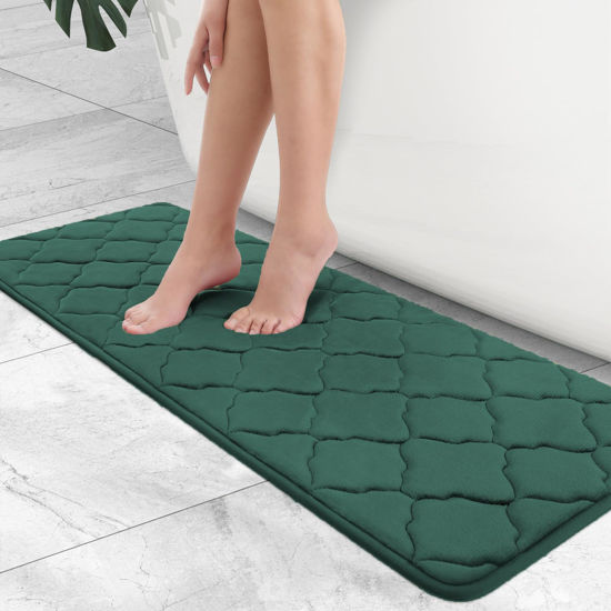 Picture of OLANLY Memory Foam Bath Mat Rug 47x17, Ultra Soft Non Slip and Absorbent Bathroom Rug, Machine Wash Dry, Comfortable, Thick Bath Rug Carpet for Bathroom Floor, Tub and Shower, Dark Green