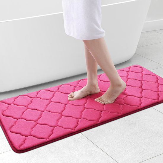 Picture of OLANLY Memory Foam Bath Mat Rug 47x20, Ultra Soft Non Slip and Absorbent Bathroom Rug, Machine Wash Dry, Comfortable, Thick Bath Rug Carpet for Bathroom Floor, Tub and Shower, Deep Pink