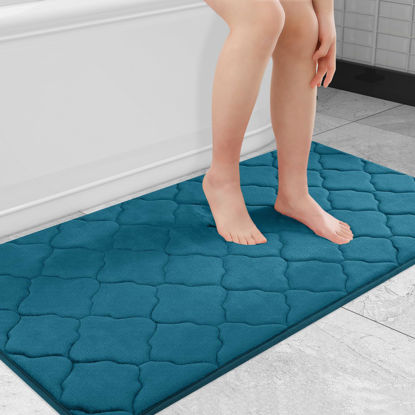 Picture of OLANLY Memory Foam Bath Mat Rug 44x24, Ultra Soft Non Slip and Absorbent Bathroom Rug, Machine Wash Dry, Comfortable, Thick Bath Rug Carpet for Bathroom Floor, Tub and Shower, Peacock Blue