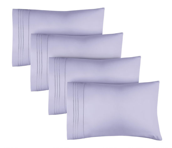Picture of King Size Pillow Cases Set of 4 - Extra Soft Pack of 4 Pillowcase Covers - Hotel Luxury Pillowcases - Machine Washable Pillow Protectors - 20x40 Pillow Cases 4 Piece - King Size Lavender Pillow Covers