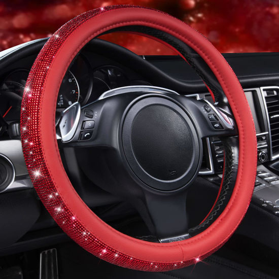 Picture of CAR PASS Bling Diamond Leather Steering Wheel Cover, with Bling Sparkly Crystal Glitter Rhinestones Universal Fit 14" 1/2-15" Car Wheel Protect for Women Girl Fit Suvs,Vans,Sedans,Cars,Trucks, Red