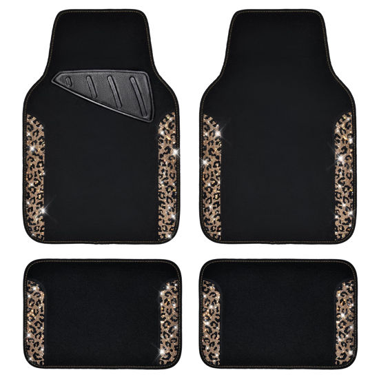 Picture of CAR PASS Bling Diamond Car Floor Mats, Shining Rhinestone Carpet Sparkly Glitter Crystal with Anti-Slip PVC Heel Pad Waterproof Universal Fit Automotive SUV,Sedan,Van,Cute Girl Women,4pcs Gold Leopard
