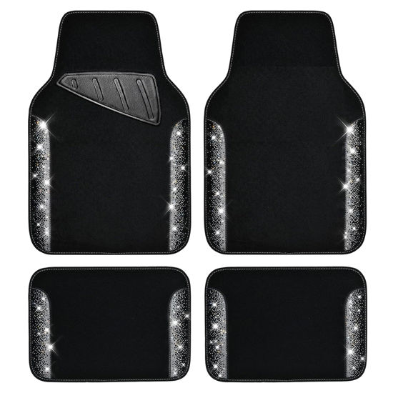 Picture of CAR PASS Bling Car Mats Shining Diamond Carpet Crystal Rhinestone Sparkly Glitter Floor Mats with Anti-Slip PVC Pad Universal Fit Automotive SUV,Sedan,Van,4pcs for Girl Women, Black Sliver Diamond