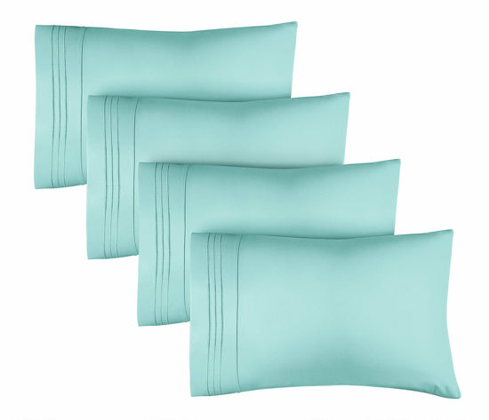 Picture of King Size Pillow Cases Set of 4 - Extra Soft Pack of 4 Pillowcase Covers - Hotel Luxury Pillowcases - Machine Washable Pillow Protectors - 20x40 Pillow Cases 4 Piece - King Size Spa Blue Pillow Covers