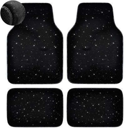 Picture of CAR PASS Black Car Floor Mats, Faux Fur Fluffy Carpet Full Set Bling Starry Sky Design Anti-Slip Universal for Girl Cute Women Automotive Cars, SUVs, Trucks, Vans, 4Pcs Black Fuzzy Plush Wool