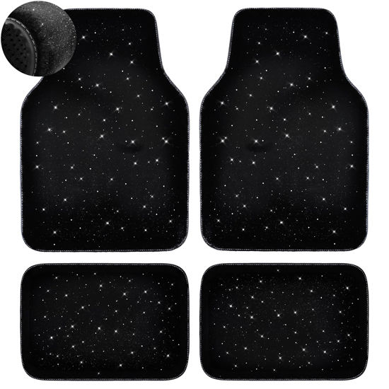 Picture of CAR PASS Black Car Floor Mats, Faux Fur Fluffy Carpet Full Set Bling Starry Sky Design Anti-Slip Universal for Girl Cute Women Automotive Cars, SUVs, Trucks, Vans, 4Pcs Black Fuzzy Plush Wool