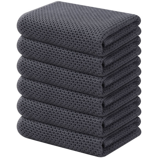 Picture of Kitinjoy 100% Cotton Waffle Weave Kitchen Towels, 6-Pack Super Soft and Absorbent Kitchen Dish Towels for Drying Dishes, Kitchen Hand Towels, 13 in x 28 in, Dark Grey