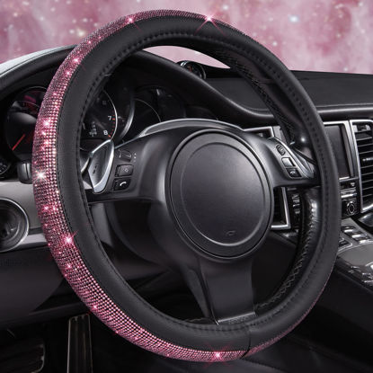 Picture of CAR PASS Bling Diamond Leather Steering Wheel Cover, Bling Sparkly Crystal Glitter Rhinestones Universal Fit 14" 1/2-15" Car Wheel Protect for Women Girl Fit Suvs,Vans,Sedans,Cars,Trucks, Pink Black