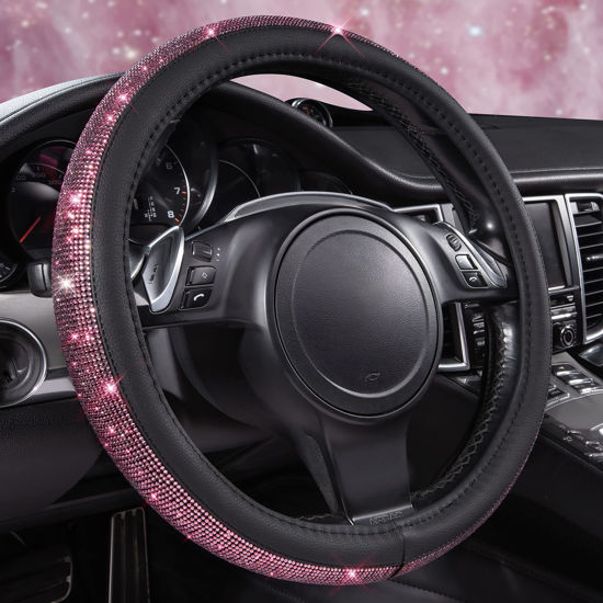 Picture of CAR PASS Bling Diamond Leather Steering Wheel Cover, Bling Sparkly Crystal Glitter Rhinestones Universal Fit 14" 1/2-15" Car Wheel Protect for Women Girl Fit Suvs,Vans,Sedans,Cars,Trucks, Pink Black