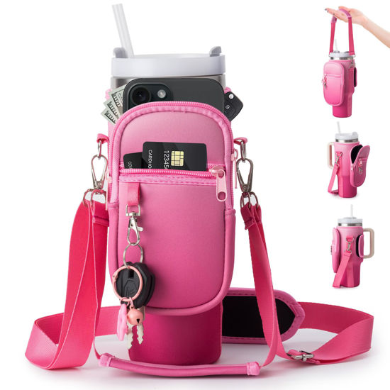 Picture of Water Bottle Carrier Bag with Phone Pocket for Stanley Cup 40/30oz,Insulated Neoprene Water Bottle Holder Cross-boday Bag with Adjustable Shoulder & Handheld Strap Stanley Cup Accessories