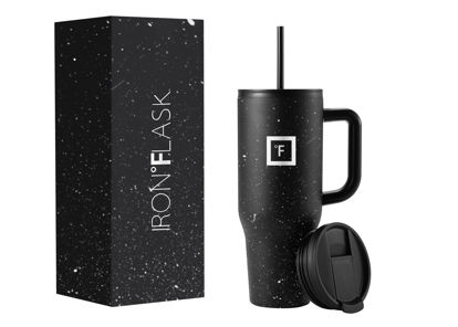 Picture of IRON °FLASK Co-Pilot Insulated Mug w/Straw & Flip Cap Lids - Cup Holder Bottle for Hot, Cold Drink - Leak-Proof- Water, Coffee Portable Travel Tumbler - Black Speckle, 40 Oz