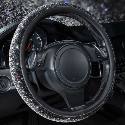 Picture of CAR PASS Bling Diamond Leather Steering Wheel Cover, Bling Sparkly Crystal Glitter Rhinestones Universal Fit 14" 1/2-15" Car Wheel Protector for Women Girl Fit Suvs,Vans,Sedans,Trucks, Black Silver