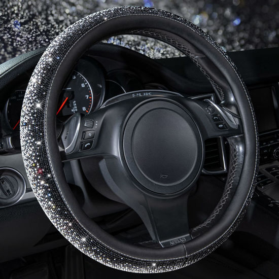 Picture of CAR PASS Bling Diamond Leather Steering Wheel Cover, Bling Sparkly Crystal Glitter Rhinestones Universal Fit 14" 1/2-15" Car Wheel Protector for Women Girl Fit Suvs,Vans,Sedans,Trucks, Black Silver