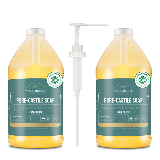 Picture of WHOLENATURALS Pure Castile Soap Liquid, EWG Verified & Certified Palm Oil Free Unscented, Natural, Mild & Gentle Non-gmo & Vegan - Organic Body Wash, Laundry, and Baby Soap-128 Fl Oz-Pack of 2 w/pump