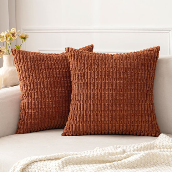 Picture of MIULEE Pack of 2 Corduroy Decorative Throw Pillow Covers 16x16 Inch Soft Boho Striped Fall Pillow Covers Modern Farmhouse Home Decor for Sofa Living Room Couch Bed Dark Rust