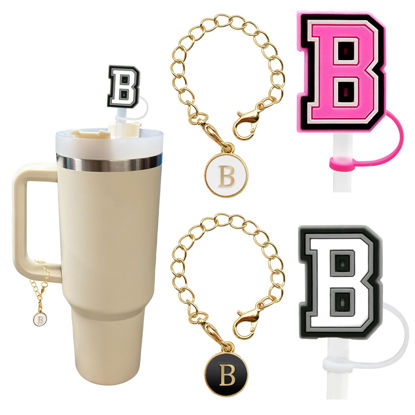 Picture of （2+2）2PCS Straw Cover for Stanley Cup 30&40 Oz 10mm Straw Topper with 2PCS Stanley Cup Accessories Letter Charms Name ID Initial Letter Handle Personalized Charm For Stanley Tumbler (Letter B)