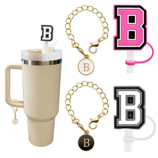 Picture of （2+2）2PCS Straw Cover for Stanley Cup 30&40 Oz 10mm Straw Topper with 2PCS Stanley Cup Accessories Letter Charms Name ID Initial Letter Handle Personalized Charm For Stanley Tumbler (Letter B)