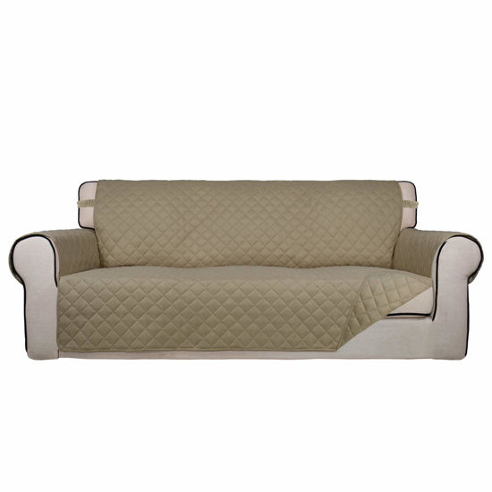 Picture of PureFit Reversible Quilted Sofa Cover, Water Resistant Slipcover Furniture Protector, Washable Couch Cover with Non Slip and Elastic Straps for Kids, Dogs, Pets (Sofa, Beige/Beige)