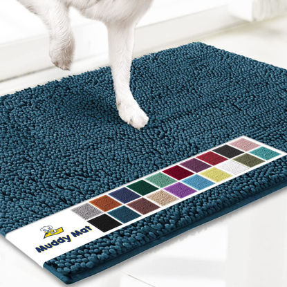 Picture of Muddy Mat® Original Dog Door Mat for Muddy Paws, Super Absorbent Microfiber, Non-Slip Washable Pet Rug, Quick Dry Chenille Entryway Carpet, Machine Washable Indoor Outdoor mat, Atlantic Blue 24"x72"