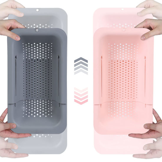 Picture of BLUE GINKGO Sink Colander Baskets - (Pack of 2) Wash Vegetables and Fruits, Drain Cooked Pasta and Dry Dishes - Extendable - New Home Kitchen Essentials (Grey & Pink)