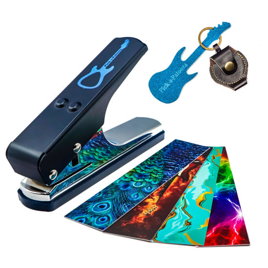 Picture of Pick-a-Palooza DIY Guitar Pick Punch Gift Pack - The Premium Guitar Pick Maker - Includes Leather Key Chain Pick Holder, 4 Pick Strips and a Pick File - Blue Punch, Assorted Strips